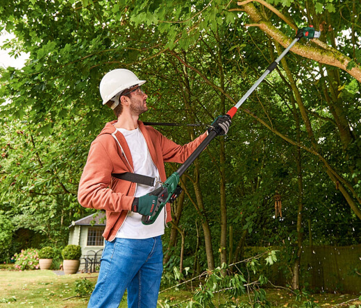 Electric pole pruner is like a small, lightweight chainsaw with a long reach