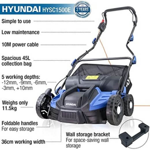 Hyundai 2 in 1 Lawn Scarifier, 1500W Electric Lawn Aerator have two interchangeable blades, it’s easy to change between the two modes of operation, to remove moss, and then to reinvigorate grass roots