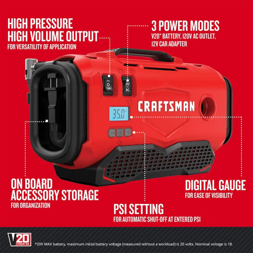 CRAFTSMAN V20 Cordless Air Inflator is a handy little air compressor, that works from main or battery powe