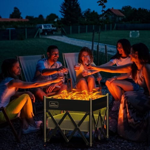 KampKeeper Pop-Up Portable Fire Pit has a heat proof fabric grill tray that can be attached and literally shoved into your coat pocket for safety