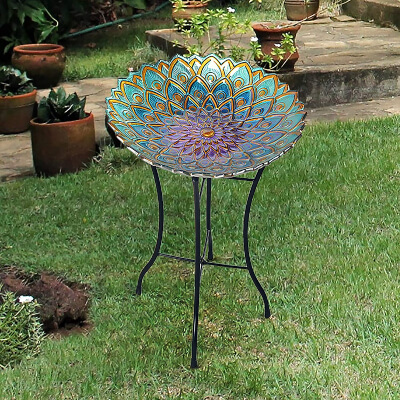 Peaktop Birdbath Bowl Fountain Handpainted Mosaic Flower Fusion Glass Pedestal Bird Bath