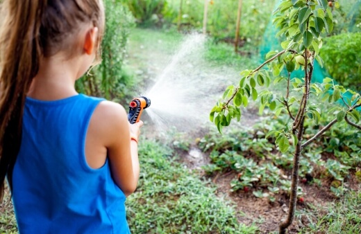 Watering her garden with a hose nozzle sprayer