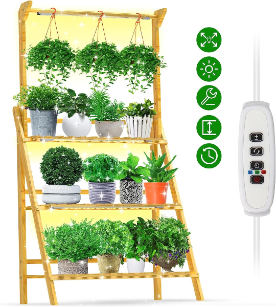 3-Tier Hanging Plant Shelf with Grow Light