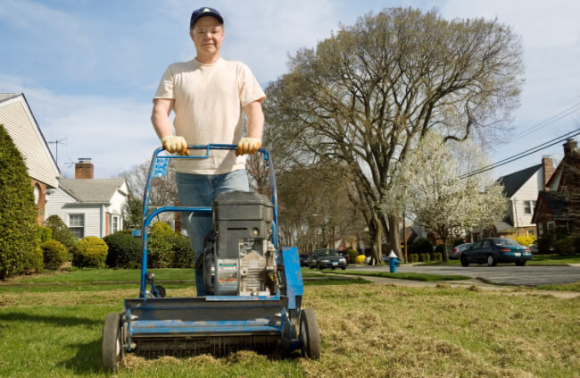 A man preparing to overseed a lawn