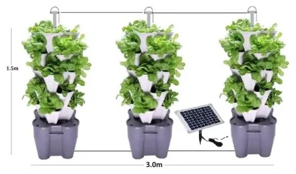 3-tower mr stacky smart farm vertical gardening towers, stone planters with grey base, solar powered