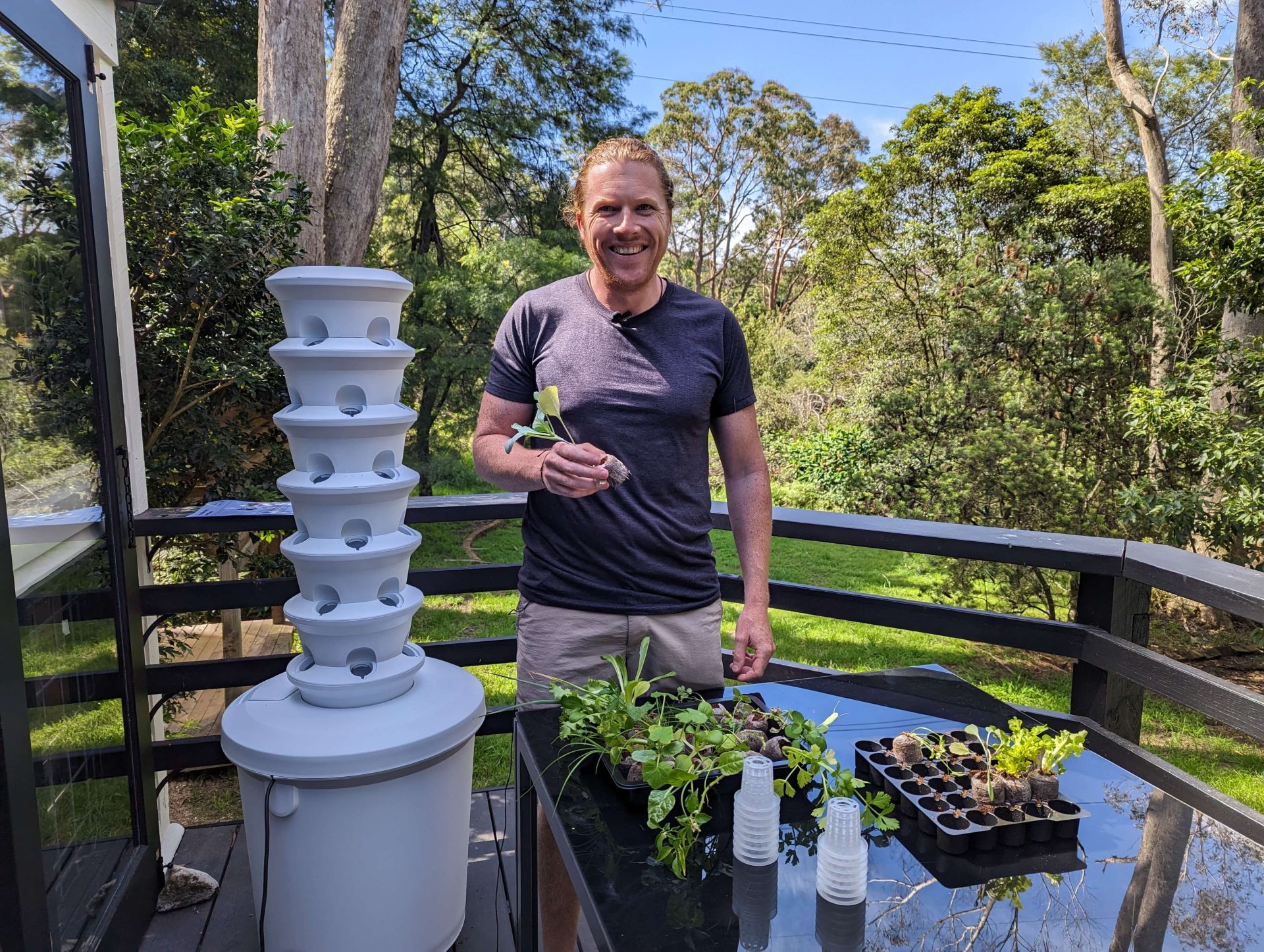 Nathan Schwartz preparing his aeroponic tower garden