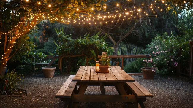 Set a wooden picnic table beneath a canopy