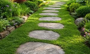 A simple stepping stone path creating a clear and practical walkway through a landscaped garden